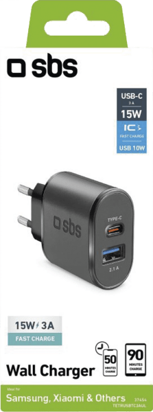 SBS Reiselader 15W USB/USB-C schwarz