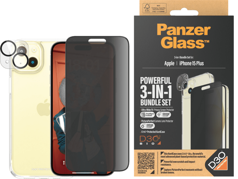 PanzerGlass iPhone 15 Plus 3-in-1 Privacy Pack