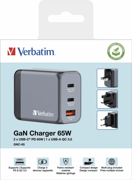 Verbatim PD Reiselader 65W USB/2xUSB-C GaN grau