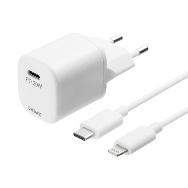 Deltaco PD Ladegerät 20W USB-C+Lightning Kabel 1m weiß