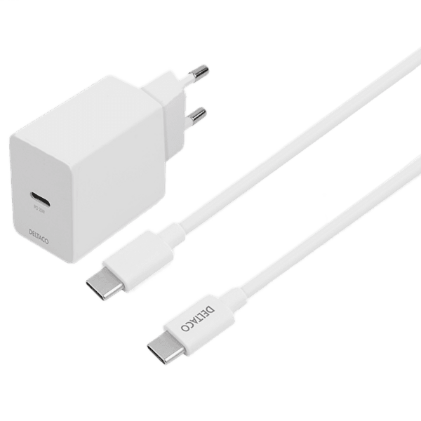 Deltaco PD Ladegerät 20W USB-C+USB-C Kabel 1m weiß