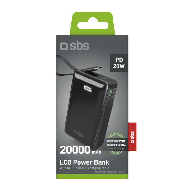 SBS Powerbank 20.000mAh 20W PD LCD USB-C Kabel schwarz