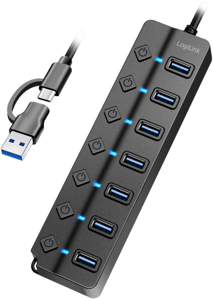 LogiLink USB 3.2 Gen1 Hub 7 Port Ein-/Ausschalter schwarz