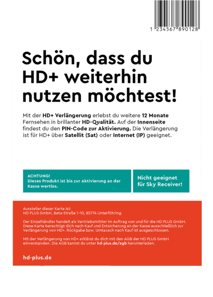 HD plus HD+ Karte inkl. 12 Monate HD+ Sender-Paket