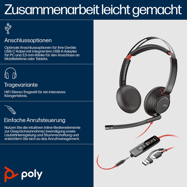 HP Poly Blackwire 5220 Stereo USB-C (inkl. USB-A Adp)