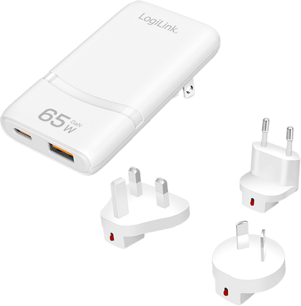 LogiLink Dual-USB GaN-Reiseladegerät 65W USB-C/USB weiß