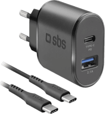 SBS PD Reiselader 18W USB-C/USB-A schwarz + USB-C Kabe